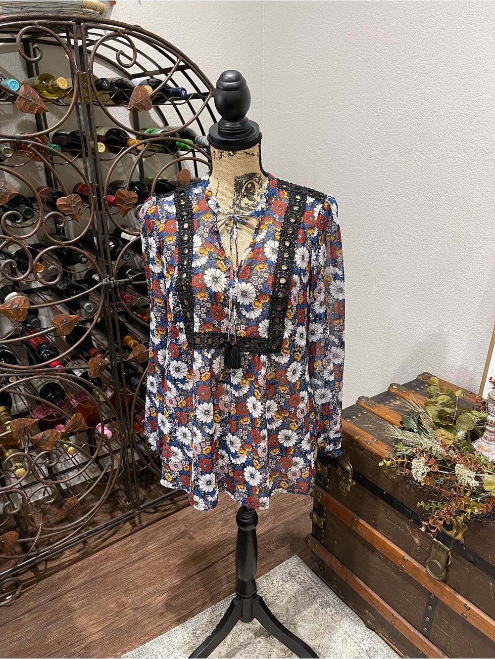 Floral Peasant Blouse with Black Lace Trim - Navy/Multi